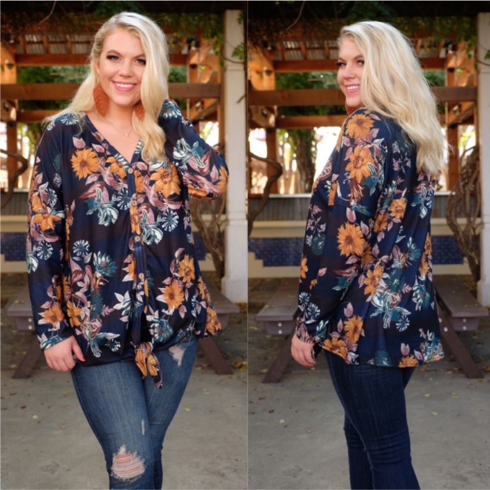 PLUS Navy Floral Striped Button Down Tie Front Top - Picture 2 of 2